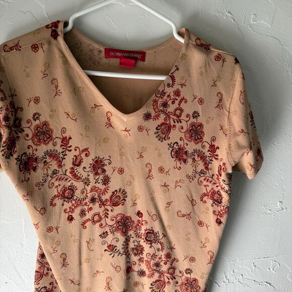 Gloria Vanderbilt Y2k Size Large Boho Rustic Floral Beige Red Short Sleeve Top - Picture 2 of 7